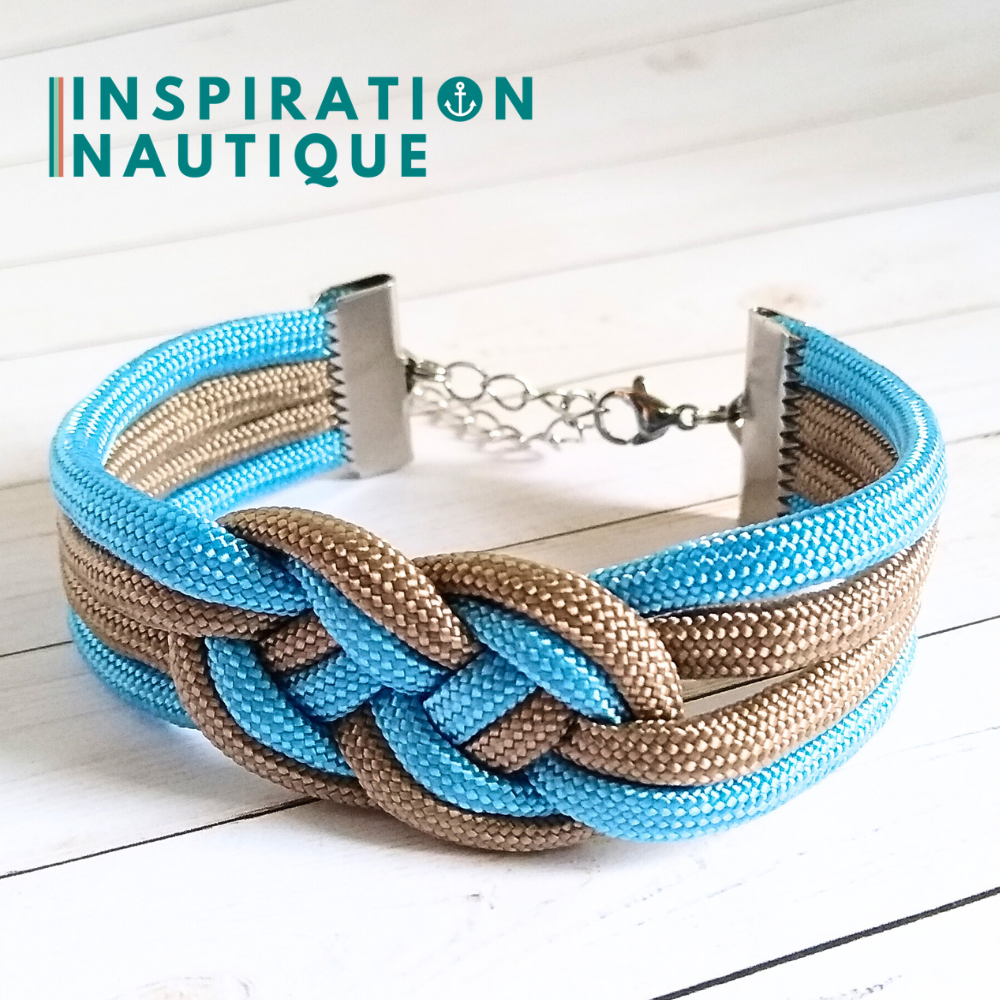 Bracelet marin avec noeud de carrick double unisexe, en paracorde 550 et acier inoxydable, Sable et bleu pâle, Medium