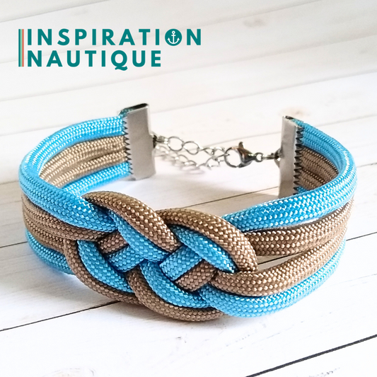 Bracelet marin avec noeud de carrick double unisexe, en paracorde 550 et acier inoxydable, Sable et bleu pâle