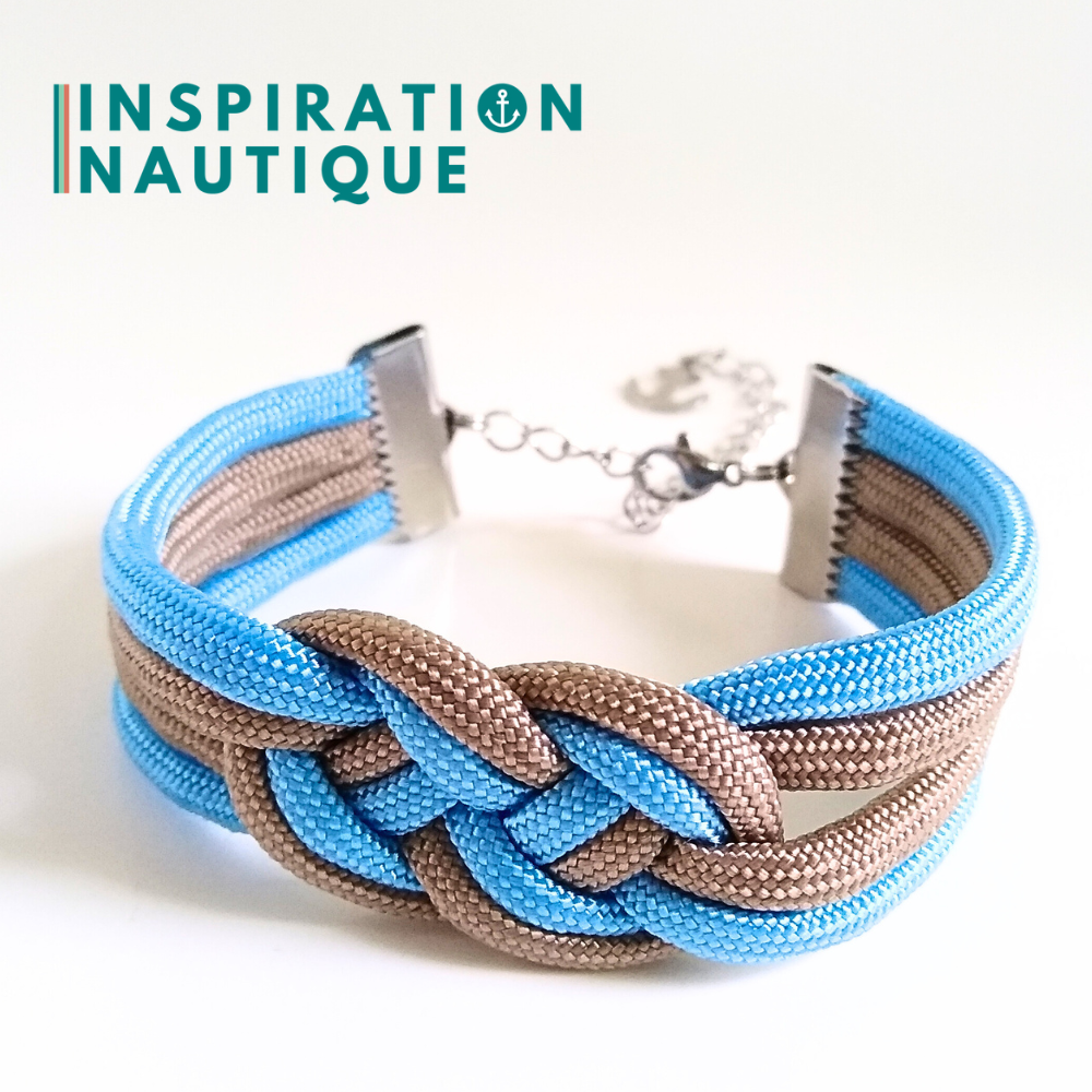 Bracelet marin avec noeud de carrick double unisexe, en paracorde 550 et acier inoxydable, Sable et bleu pâle