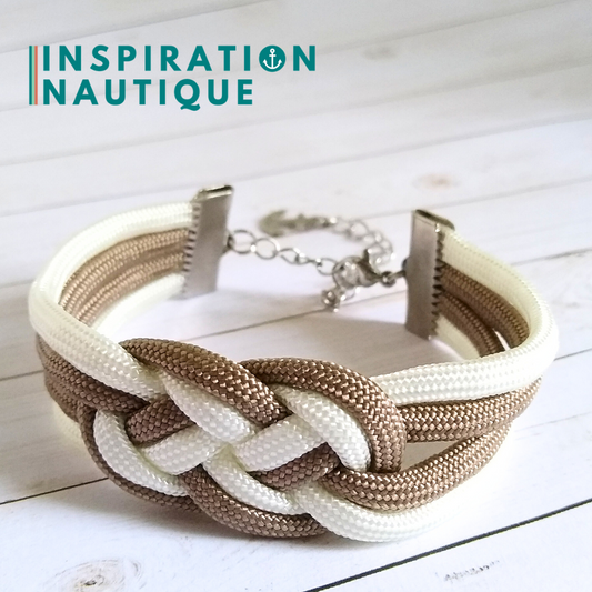 Bracelet marin avec noeud de carrick double unisexe, en paracorde 550 et acier inoxydable, Sable et blanc