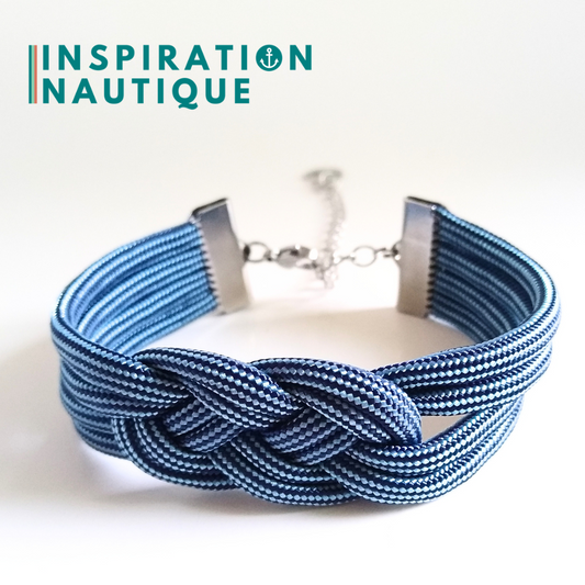 Bracelet marin avec noeud de carrick double unisexe, en paracorde 550 et acier inoxydable, Marine et bleu pâle, ligné, Medium