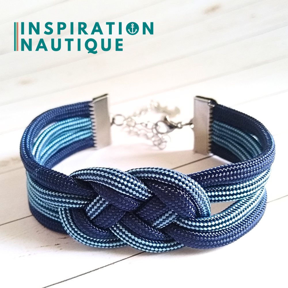 Bracelet marin avec noeud de carrick double unisexe, en paracorde 550 et acier inoxydable, Marine et marine et bleu pâle, ligné, Medium