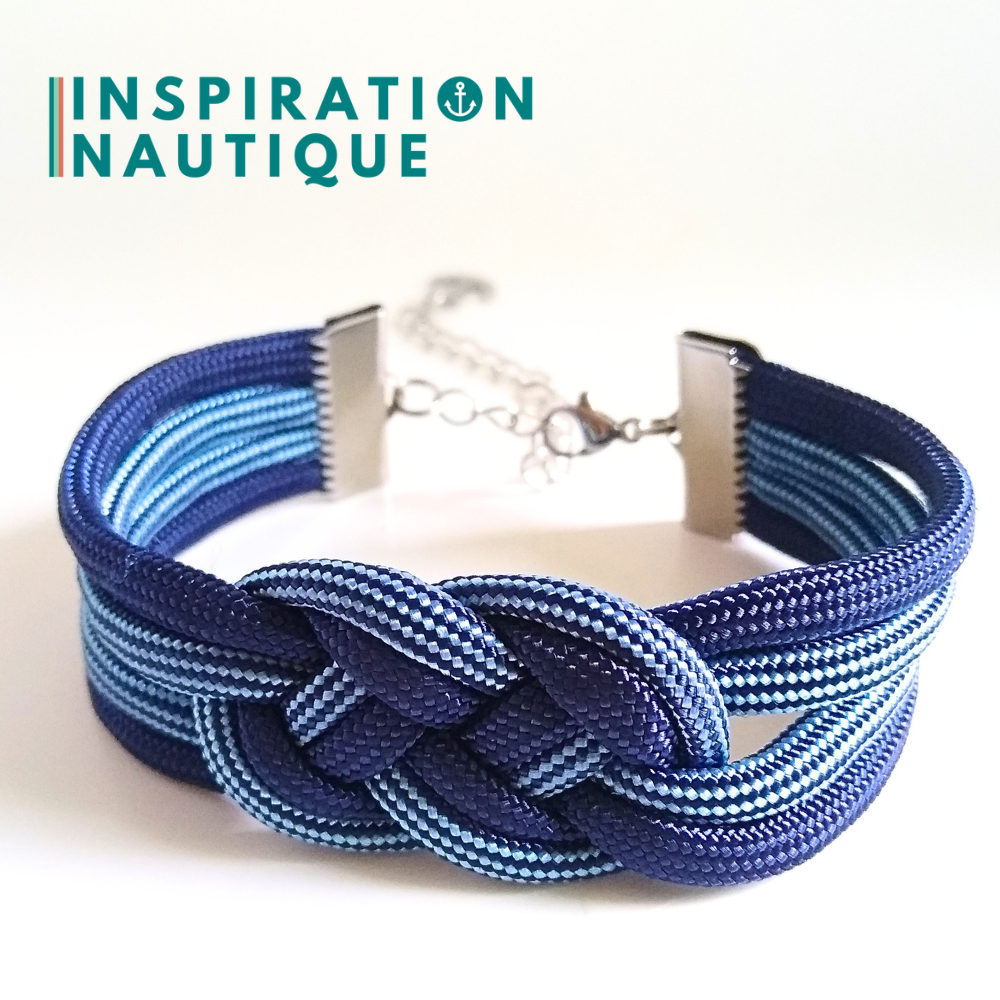 Bracelet marin avec noeud de carrick double unisexe, en paracorde 550 et acier inoxydable, Marine et marine et bleu pâle, ligné, Medium