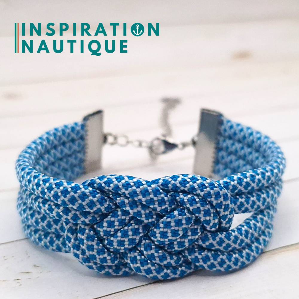 Bracelet marin avec noeud de carrick double, en paracorde 550 et acier inoxydable, Bleu Caraïbes et blanc diamants, Medium