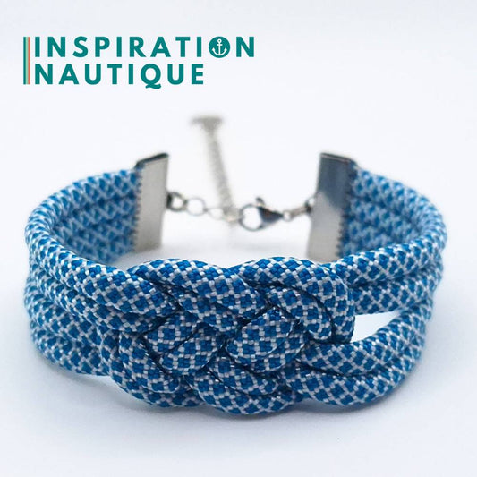 Bracelet marin avec noeud de carrick double, en paracorde 550 et acier inoxydable, Bleu Caraïbes et blanc diamants, Medium