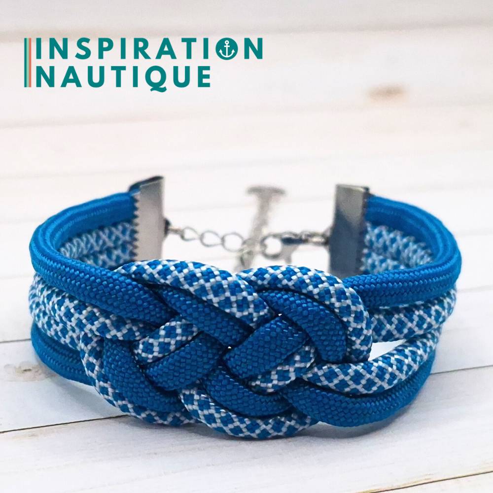 Bracelet marin avec noeud de carrick double, en paracorde 550 et acier inoxydable, Bleu Caraïbes, et bleu Caraïbes et blanc diamants, Medium