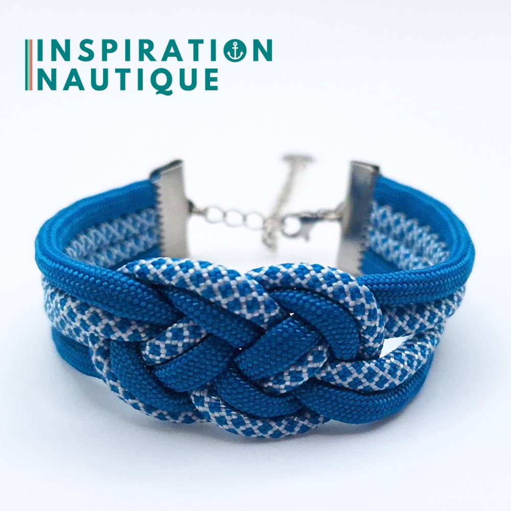 Bracelet marin avec noeud de carrick double, en paracorde 550 et acier inoxydable, Bleu Caraïbes, et bleu Caraïbes et blanc diamants