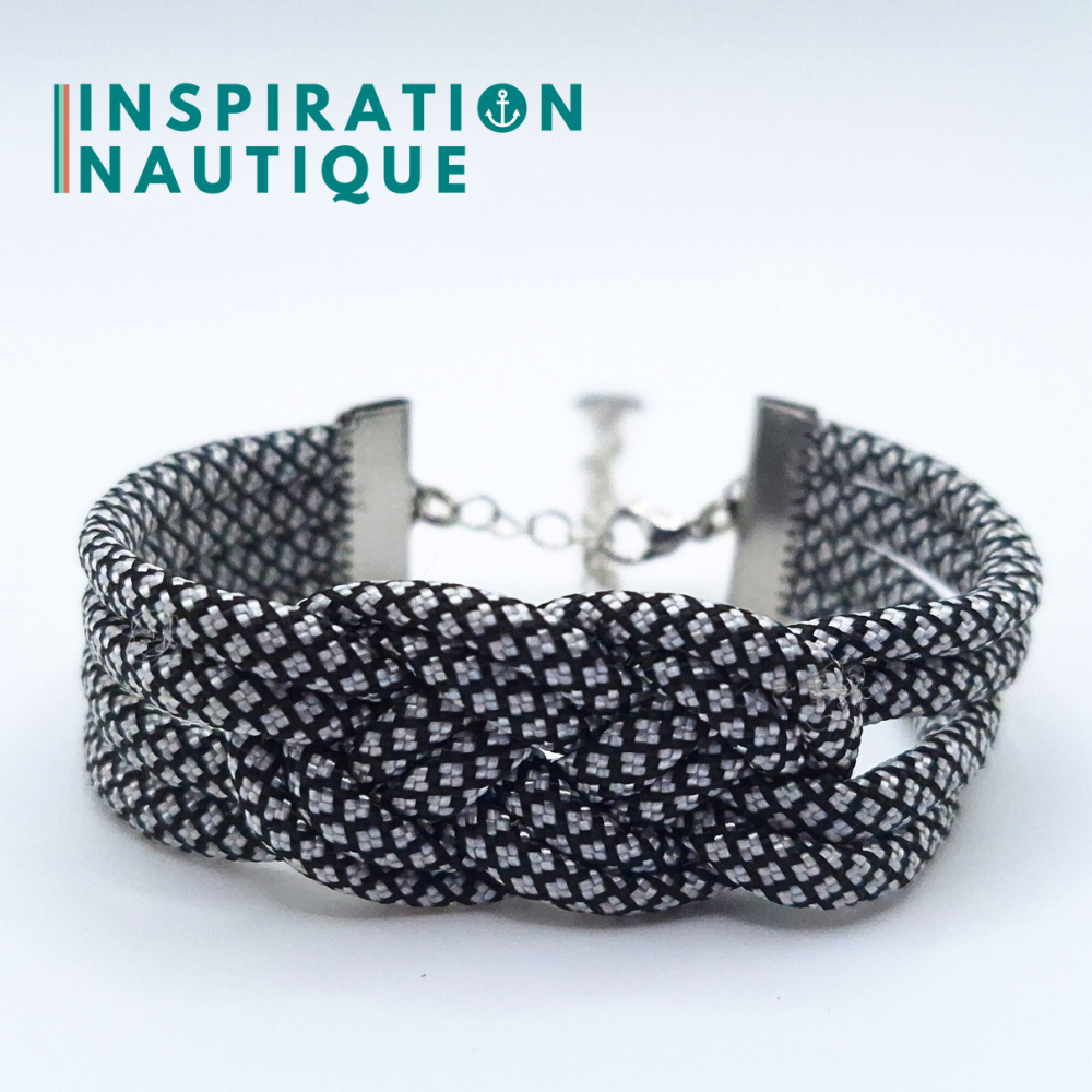 Bracelet marin avec noeud de carrick double unisexe, en paracorde 550 et acier inoxydable, Noir et argenté, diamants