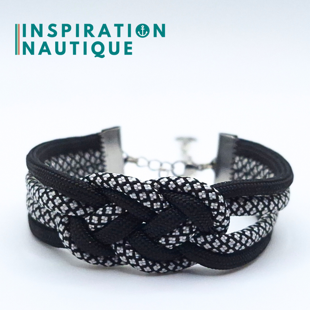 Bracelet marin avec noeud de carrick double unisexe, en paracorde 550 et acier inoxydable, Noir et noir et argenté, diamants