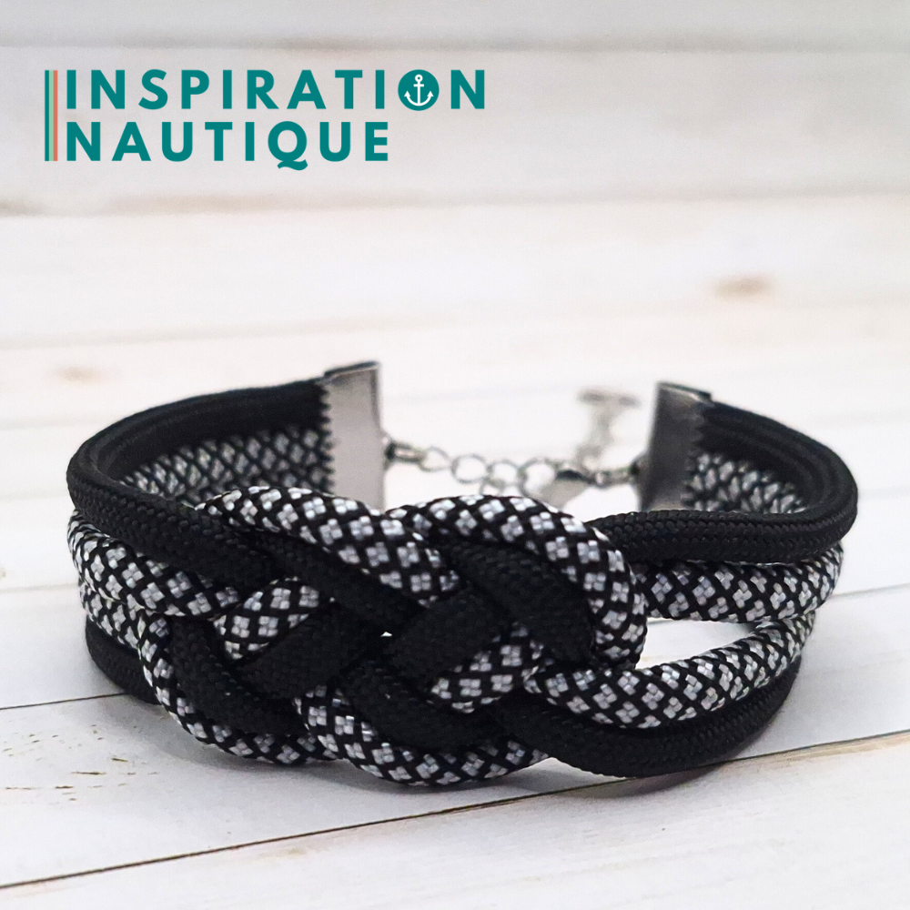 Bracelet marin avec noeud de carrick double unisexe, en paracorde 550 et acier inoxydable, Noir et noir et argenté, diamants, Medium