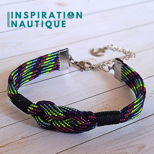 Bracelet marin avec noeud de carrick simple, en paracorde 550 et acier inoxydable, Noir et fluo ligné