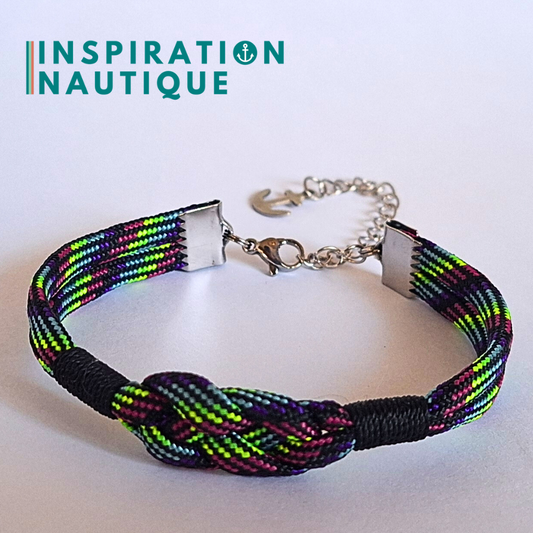 Bracelet marin avec noeud de carrick simple, en paracorde 550 et acier inoxydable, Noir et fluo ligné, Surliures noires, Medium