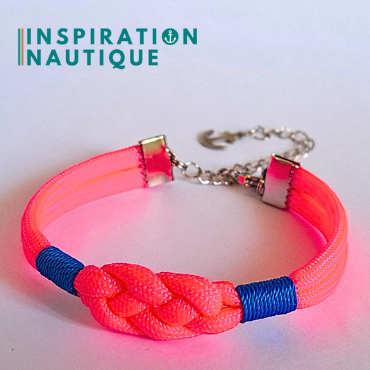 Bracelet marin avec noeud de carrick simple, en paracorde 550 et acier inoxydable, Rose fluo, Surliures bleues, Medium