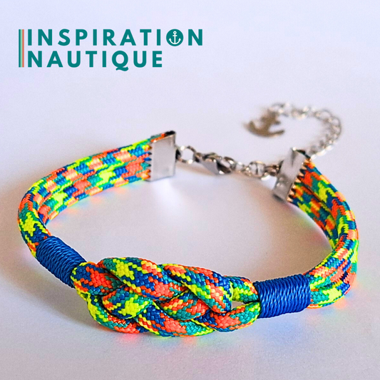 Bracelet marin avec noeud de carrick simple, en paracorde 550 et acier inoxydable, Cartoon, Surliures bleues, Medium