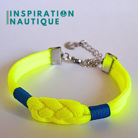 Bracelet marin avec noeud de carrick simple, en paracorde 550 et acier inoxydable, Jaune fluo, Surliures bleues, Medium