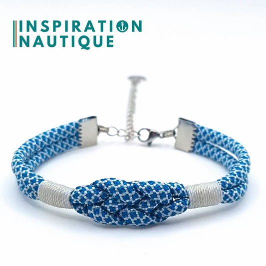 Bracelet marin avec noeud de carrick, en paracorde 550 et acier inoxydable, Bleu Caraïbes et blanc diamants, Surliures blanches, Medium