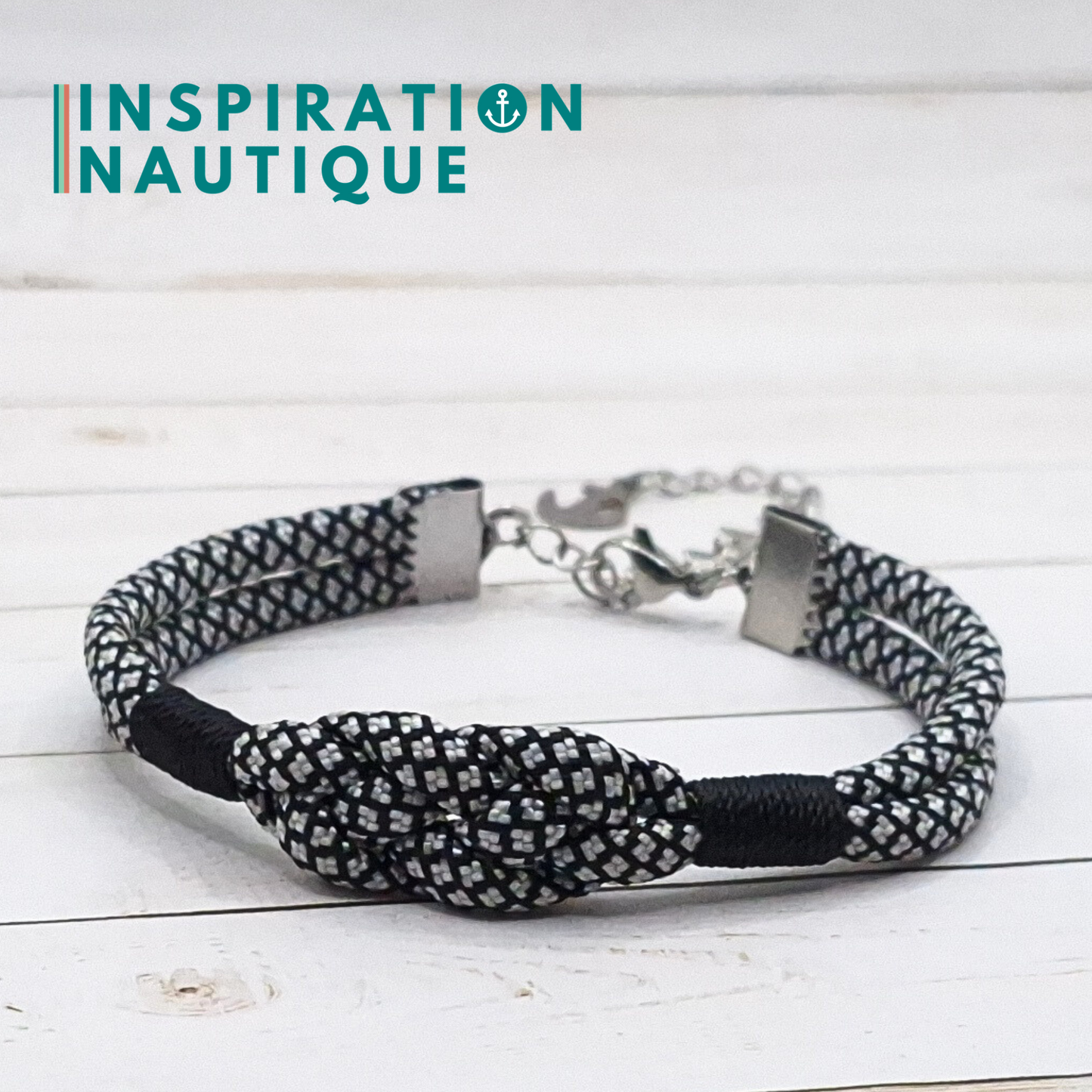 Bracelet marin avec noeud de carrick simple, noir et argenté diamants, surliure noire, Medium