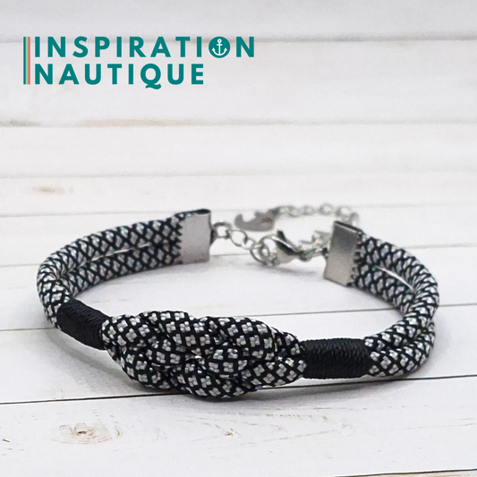Bracelet marin avec noeud de carrick simple, noir et argenté diamants, surliure noire