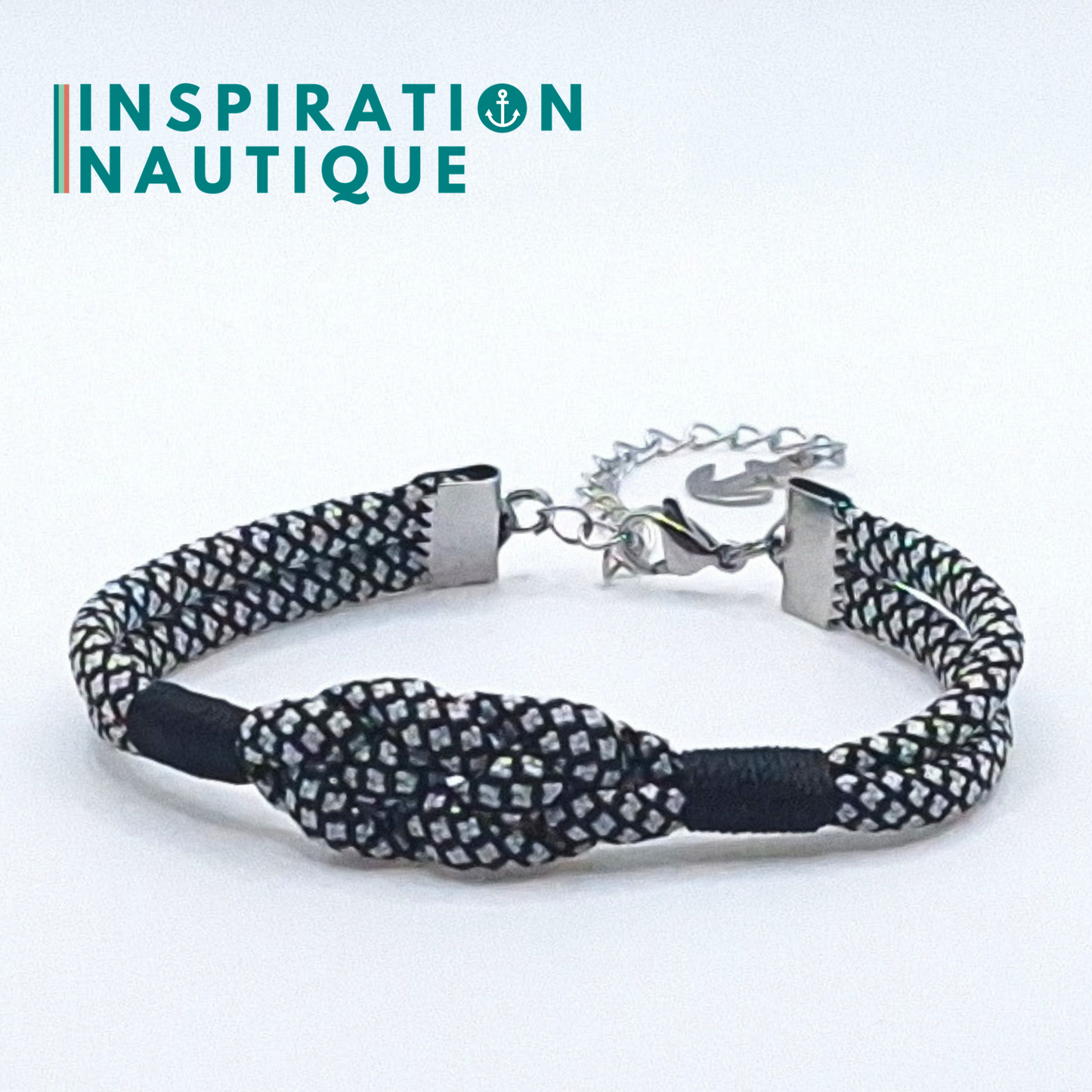 Bracelet marin avec noeud de carrick simple, noir et argenté diamants, surliure noire, Medium