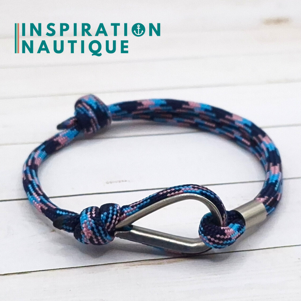 Bracelet marin avec cosse et noeud de pêcheur, Camo marine, rose, bleu pâle, Medium