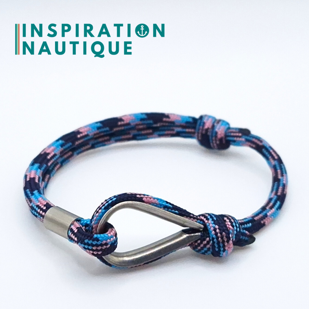 Bracelet marin avec cosse et noeud de pêcheur, Camo marine, rose, bleu pâle