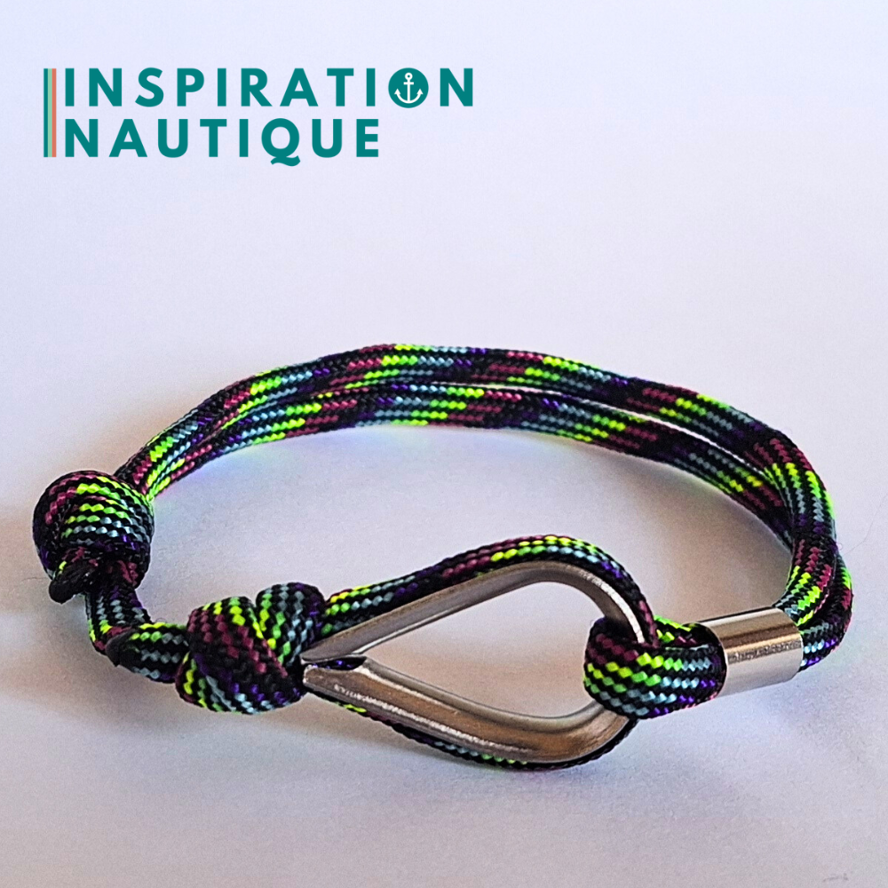 Bracelet marin avec cosse et noeud de pêcheur, Noir et fluo ligné, Medium