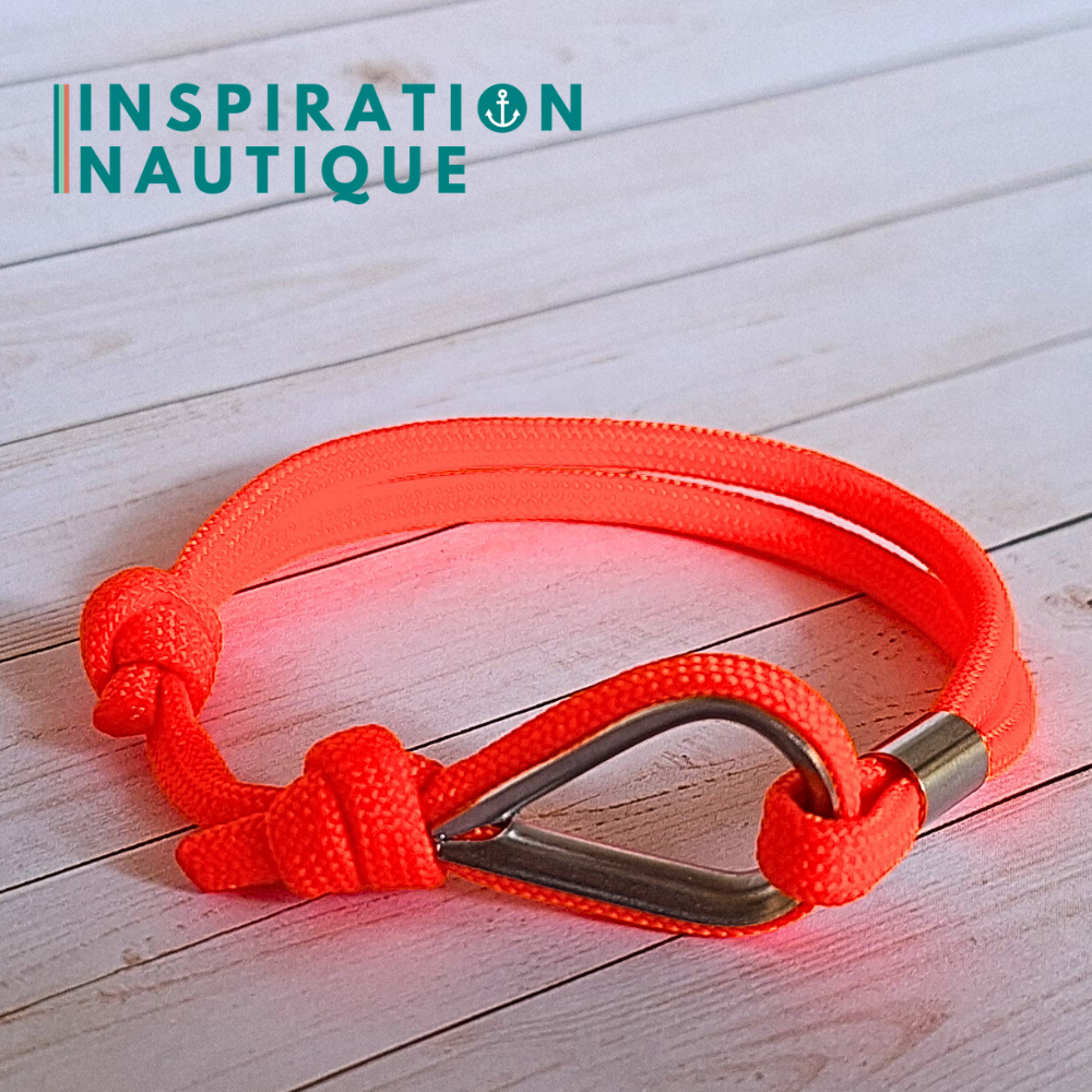 Bracelet marin avec cosse et noeud de pêcheur, Orange fluo, Medium