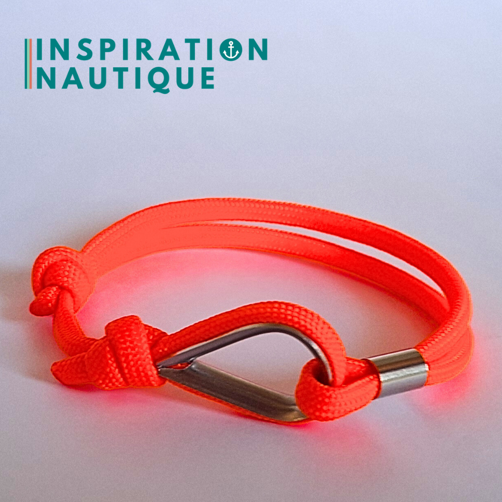 Bracelet marin avec cosse et noeud de pêcheur, Orange fluo