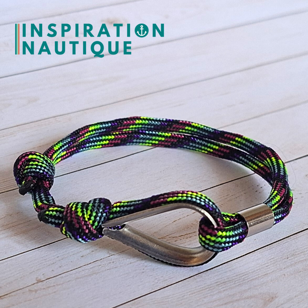 Bracelet marin avec cosse et noeud de pêcheur, Noir et fluo ligné, Medium