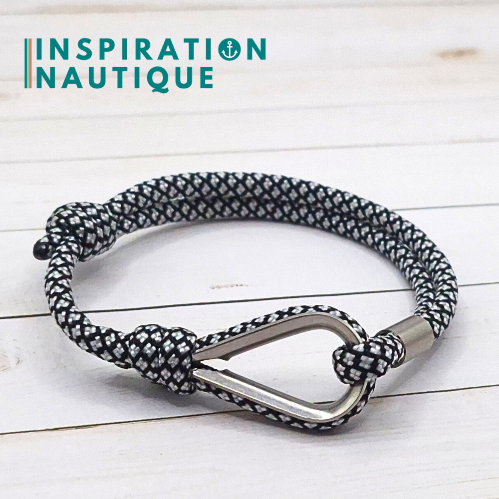 Bracelet marin avec cosse et noeud de pêcheur, Noir et argenté diamants, Medium