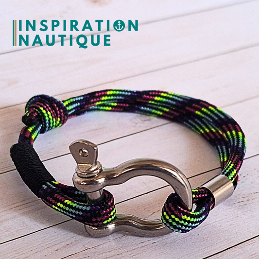 Bracelet marin avec manille en paracorde 550 et acier inoxydable, ajustable, Noir et fluo ligné