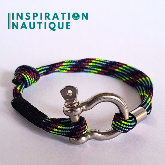 Bracelet marin avec manille en paracorde 550 et acier inoxydable, ajustable, Noir et fluo ligné, surliure noire, Medium