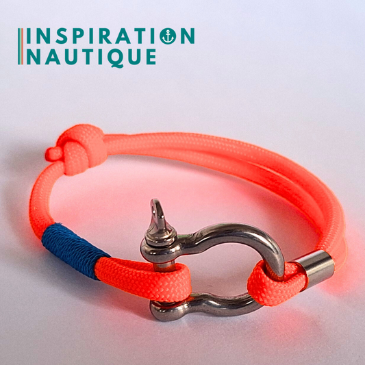 Bracelet marin avec manille en paracorde 550 et acier inoxydable, ajustable, Orange fluo, surliure bleue, Medium