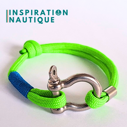 Bracelet marin avec manille en paracorde 550 et acier inoxydable, ajustable, Vert fluo, surliure bleue, Medium