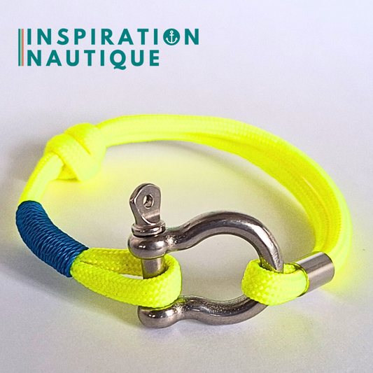 Bracelet marin avec manille en paracorde 550 et acier inoxydable, ajustable, Jaune fluo, surliure bleue, Medium