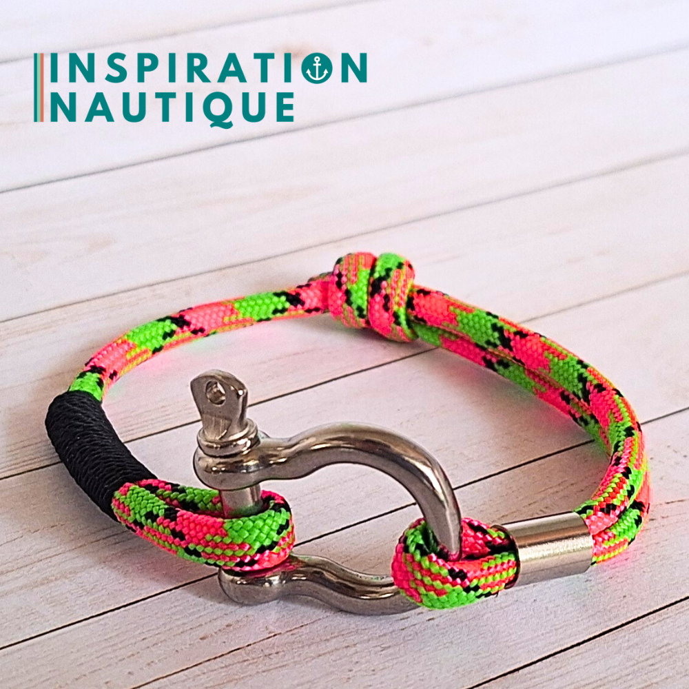 Bracelet marin avec manille en paracorde 550 et acier inoxydable, ajustable, Melon d'eau, surliure noire, Medium