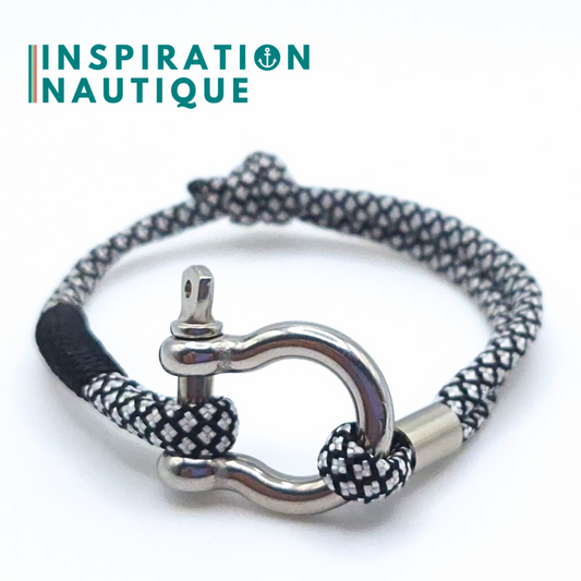 Bracelet marin avec manille en paracorde 550 et acier inoxydable, ajustable, noir et argenté diamants, surliure noire, Medium