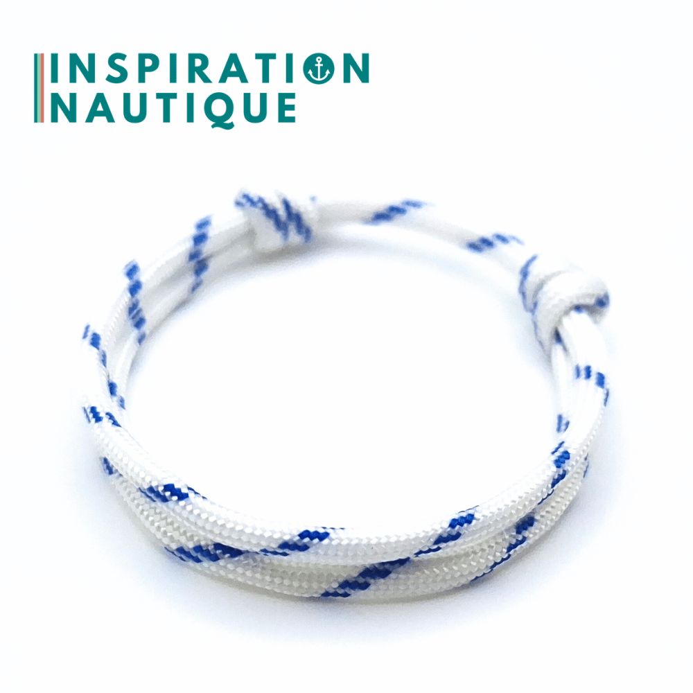 Bracelet simple avec noeuds de pêcheur, Blanc avec traceur bleu