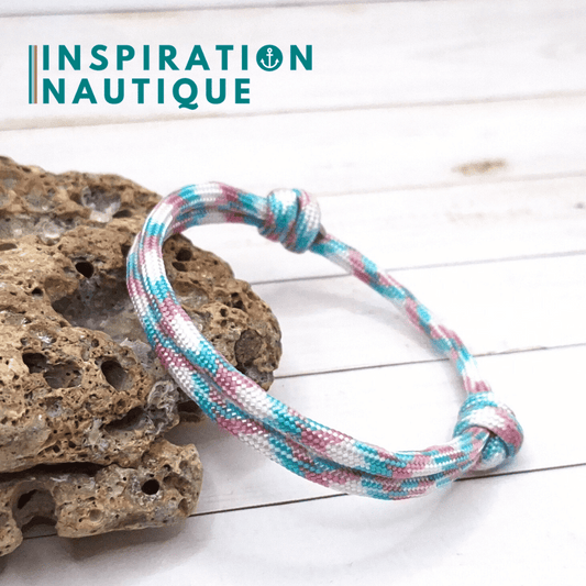 Bracelet simple avec noeuds de pêcheur, Turquoise, rose et blanc