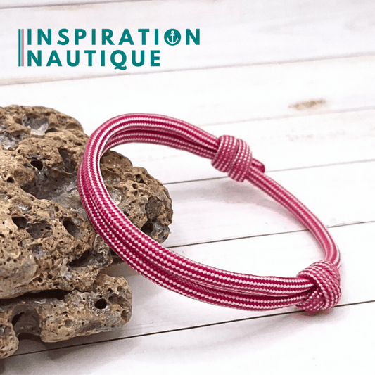 Bracelet simple avec noeuds de pêcheur, Fuchsia et blanc ligné