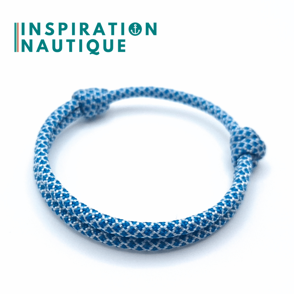 Bracelet simple avec noeuds de pêcheur, Bleu Caraïbes et blanc diamants