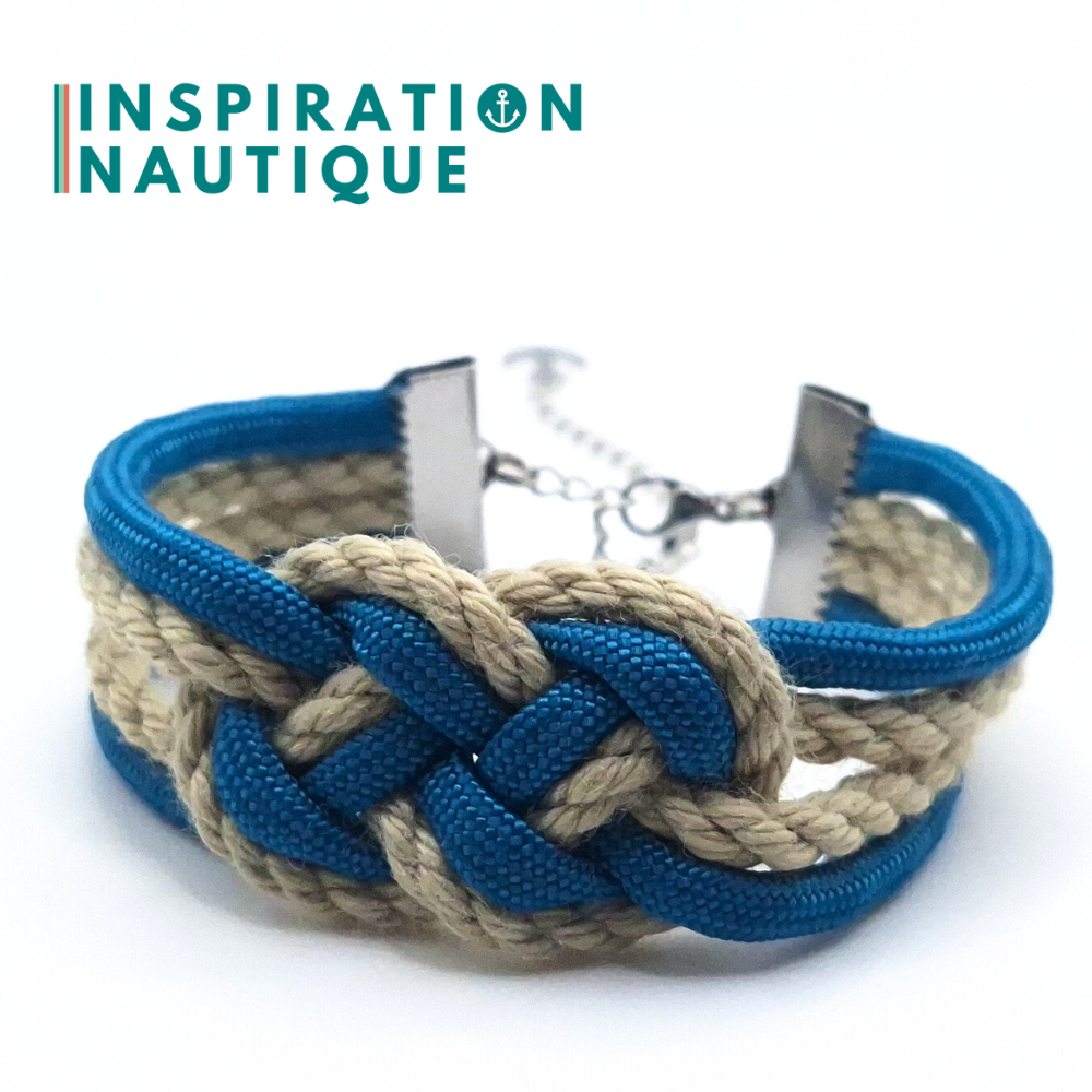 Bracelet marin avec noeud de carrick double, en paracorde 550, cordage de bateau authentique, paracorde, et acier inoxydable, Naturel et bleu Caraïbes, Medium
