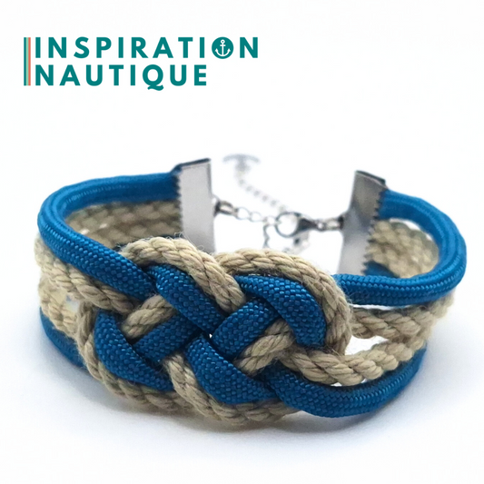 Bracelet marin avec noeud de carrick double, en paracorde 550, cordage de bateau authentique, paracorde, et acier inoxydable, Naturel et bleu Caraïbes, Medium
