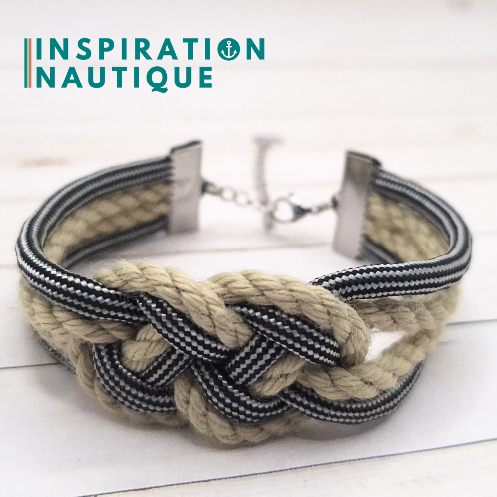 Bracelet marin avec noeud de carrick double, en paracorde 550, cordage de bateau authentique, paracorde, et acier inoxydable, Naturel et noir et argenté ligné, Medium