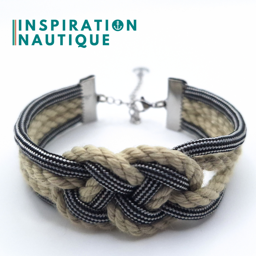 Bracelet marin avec noeud de carrick double, en paracorde 550, cordage de bateau authentique, paracorde, et acier inoxydable, Naturel et noir et argenté ligné, Medium