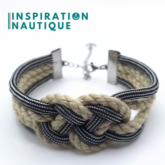 Bracelet marin avec noeud de carrick double, en paracorde 550, cordage de bateau authentique, paracorde, et acier inoxydable, Naturel et noir et argenté ligné, Medium