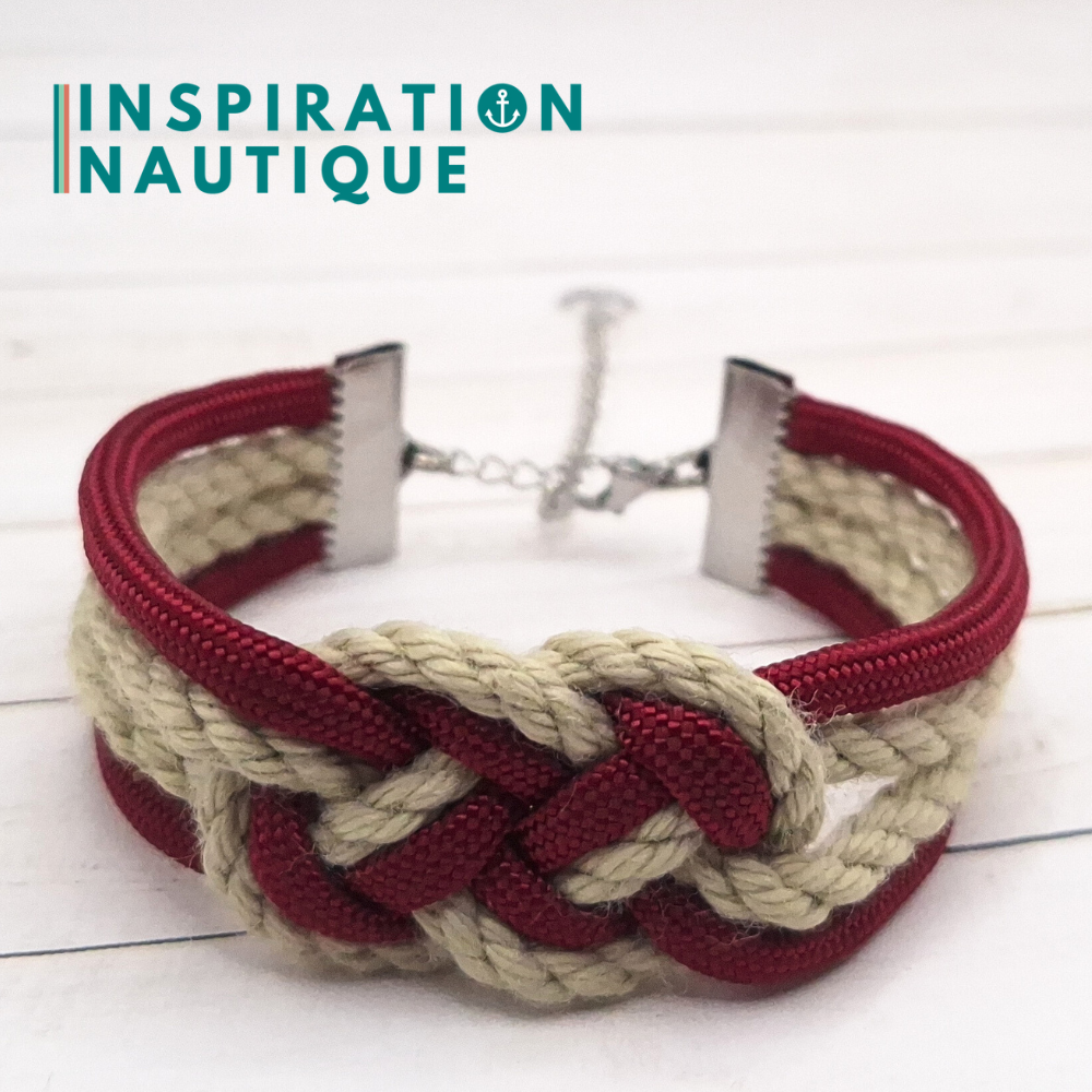 Bracelet marin avec noeud de carrick double, en paracorde 550, cordage de bateau authentique, paracorde, et acier inoxydable, Naturel et bourgogne, Medium