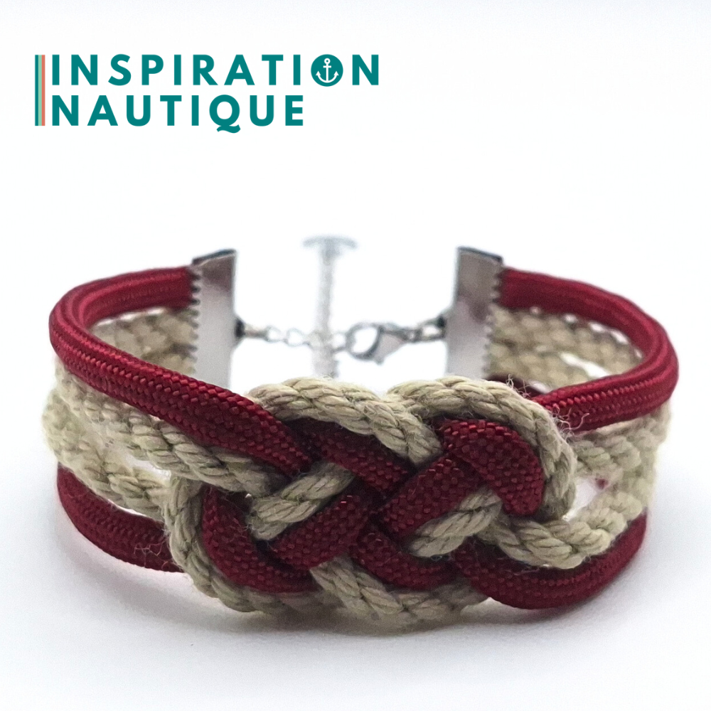 Bracelet marin avec noeud de carrick double, en paracorde 550, cordage de bateau authentique, paracorde, et acier inoxydable, Naturel et bourgogne, Medium