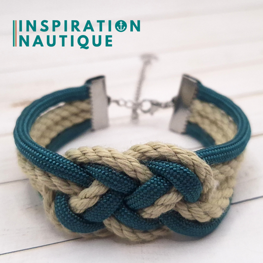 Bracelet marin avec noeud de carrick double, en paracorde 550, cordage de bateau authentique, paracorde, et acier inoxydable, Naturel et sarcelle
