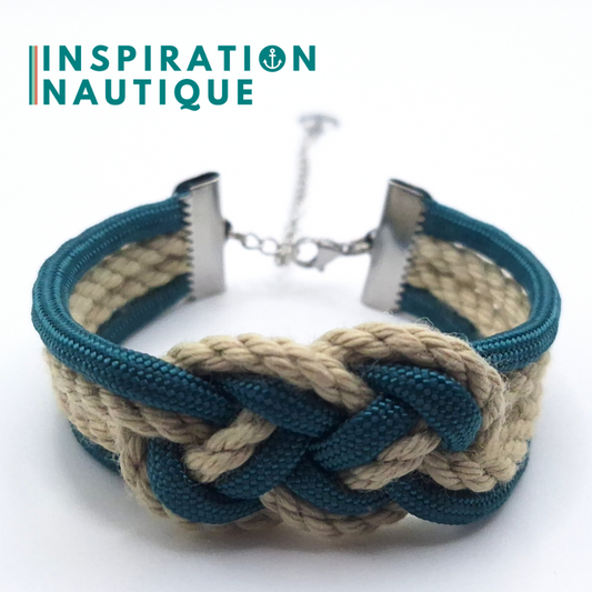 Bracelet marin avec noeud de carrick double, en paracorde 550, cordage de bateau authentique, paracorde, et acier inoxydable, Naturel et sarcelle, Medium